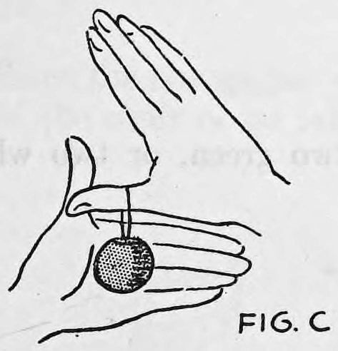 Fig. C. — The ball has dropped to the center of the left palm, the right fingers pointing upward and the right thumb pivoting on the left thumb.