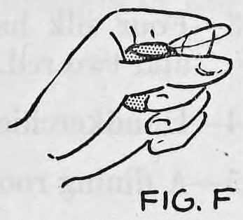 Fig. F. — The left fingers drawn around the ball, with the right hand above holding the thread.