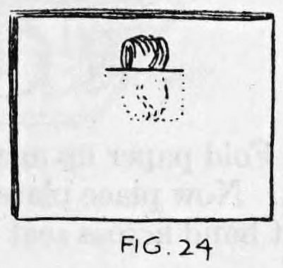 Fig. 24. — The folded newspaper with the silks placed in the pocket, the tops of the silks protruding from the slit, a dotted outline showing the pocket.