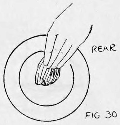 Fig. 30. — View from the rear of the left hand holding the plate, fingers curled inside, with the silks concealed in it.