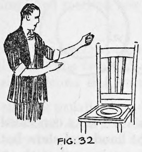 Fig. 32. — The performer stands beside a chair, one arm extended with a closed hand as he vanishes the silks; on the chair seat lies the plate over the hidden silks.