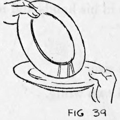 Fig. 39. — One plate tilted down edge first by the right hand onto the plate lying on the table, the silks concealed between them.