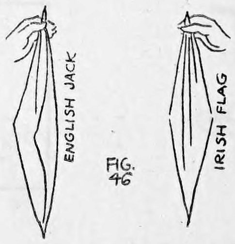 Fig. 46. — Two hanging flags, each held at the top by a hand: the English Jack, folded, in the left hand, and the Irish flag in the right hand.