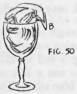 Fig. 50. — A stemmed glass goblet holding the rolled silks, with end B of the Irish flag hanging out over the rim.