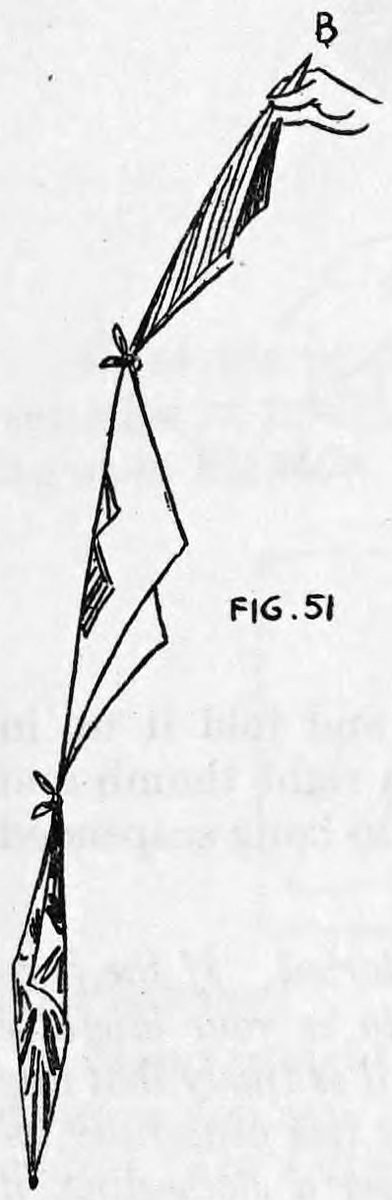 Fig. 51. — Three flags hang in a line from the right hand, held at the top by corner B, the Red Cross flag knotted between the two flags that were placed in the glass.