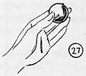 Fig. 27. — The billiard ball held between the left fingers, opening turned away from the audience, while the empty right hand is shown.