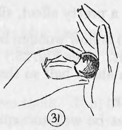 Fig. 31. — The ball held in the left hand with the last end of silk almost in, the left forefinger tucking the end in, marked 31.