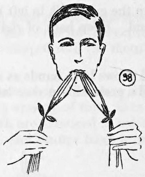 Fig. 38. — A man holds the blue silk in one hand and the green silk below the knots in the other, drawing the silks from his mouth in a wide V.