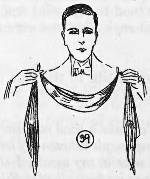 Fig. 39. — A man in a bow tie holds the three silks up in both hands, drawn out of his mouth and hanging in a loop below his chin.