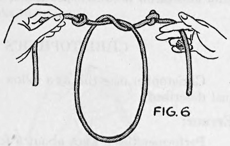 Fig. 6. — The hands drawn apart, the rope hanging in a long loop between them, with knots showing at the fingers.