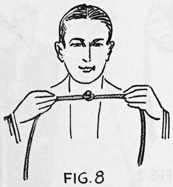 Fig. 8. — A man holds the rope up before his mouth in both hands, the left hand knot at his lips, as if blowing the knot away.