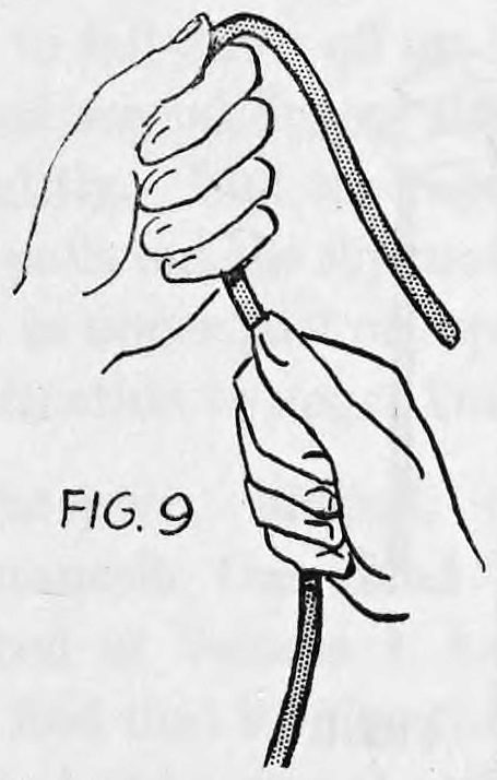 Fig. 9. — Close view of the left hand around the rope and the right hand around the knot, pulling apart to draw out the slipknot.