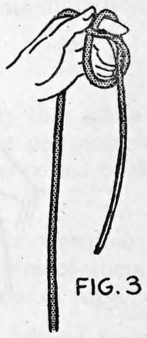 Fig. 3. — The right hand has pulled the upper end of the rope through the loop to the front, leaving a knot-like coil at the left hand and the rope hanging down.