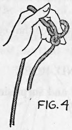 Fig. 4. — Close view of the left hand nipping the rope between the first and second fingers, fingers turned down and back to form a loop; the rope hangs below.