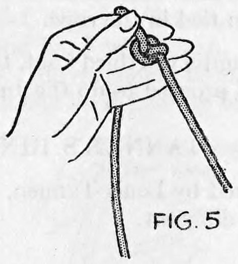 Fig. 5. — The knot as the audience sees it: the left hand holds the tightened knot at the top, the rope hanging down below the hand.