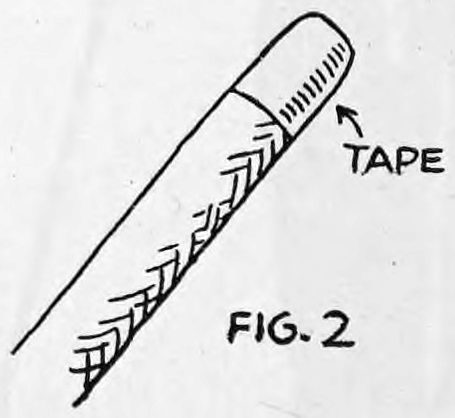 Fig. 2. — The end of the rope tapered with tape, drawn diagonally with the taped section wound round it and an arrow labelled Tape pointing to it.