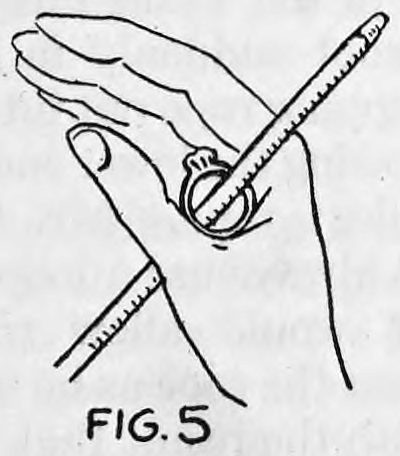 Fig. 5. — A hand with the borrowed ring palmed at the crotch of the thumb, and the rope running diagonally through the ring.