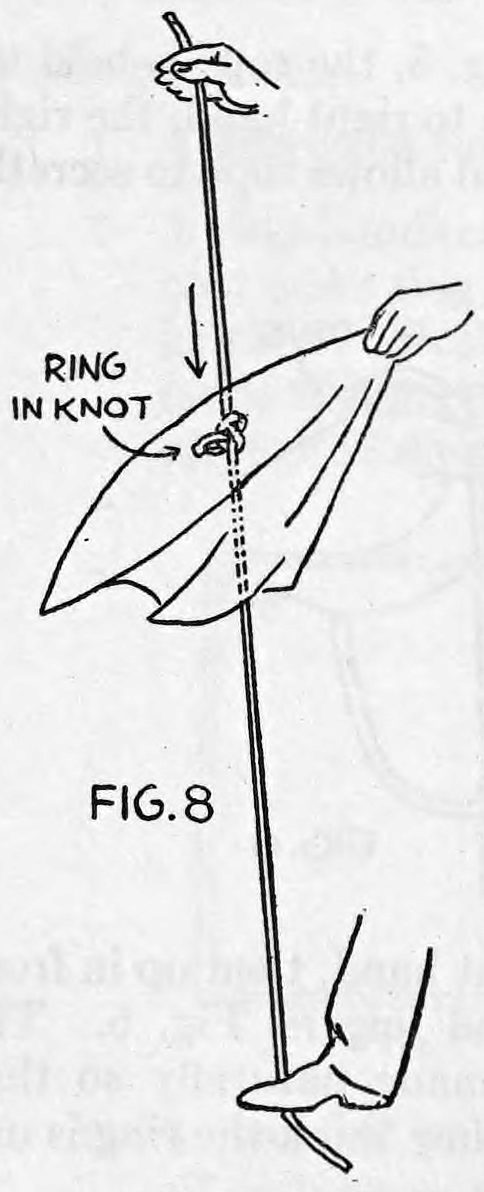Fig. 8. — The handkerchief snapped across the taut rope, the ring in the knot labelled Ring in Knot, an arrow showing the loop slipping off the raised hand; foot on the rope's end below.