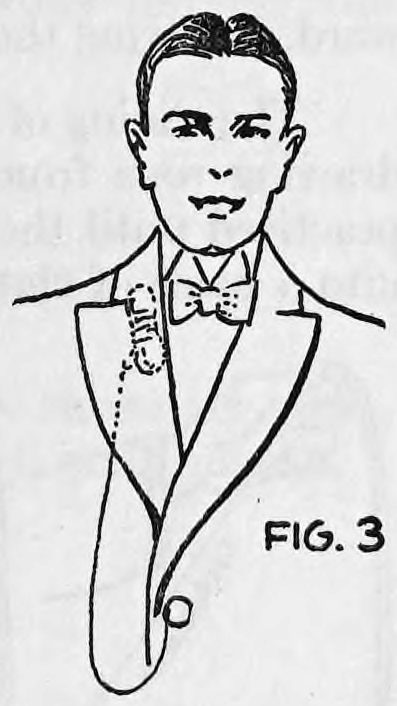 Fig. 3. — A smiling man in a dinner jacket and bow tie; the rope bundle is tucked under his right lapel and a thread hangs down to the upper coat button.
