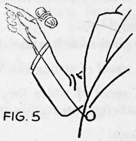 Fig. 5. — The raised right hand has drawn the bundle of clothesline out from under the lapel into the hand, the thread still running to the button.