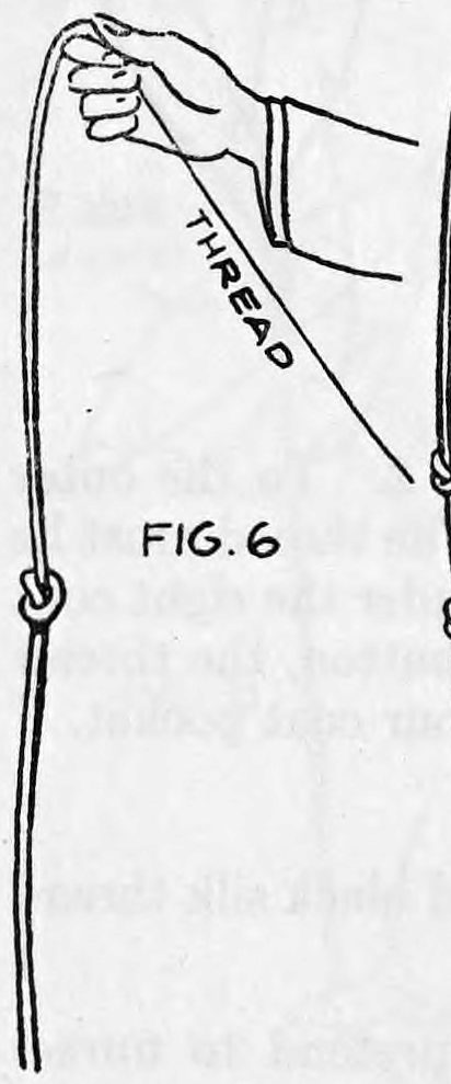 Fig. 6. — The right hand thrown forward with the rope opened out and hanging down with a single knot, the black thread running up to the hand and labelled Thread.