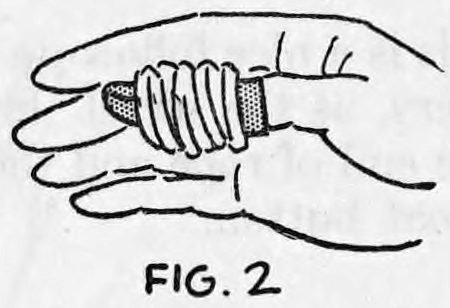 Fig. 2. — The right hand seen from the back with its fingers curled to hide the prepared thumb tip, the wrapped rope showing at the thumb.