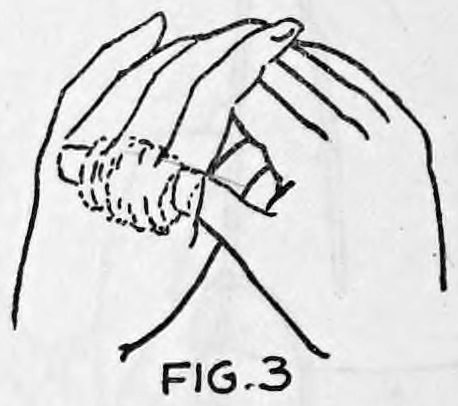 Fig. 3. — The left hand comes down in front of the right hand; the right thumb with the tip is raised under cover of the left hand into the left palm.