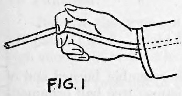 Fig. 1. — The right hand seen in profile with the end of the rope showing beyond the first and second fingers like a cigarette; the rope runs back up the coat sleeve.
