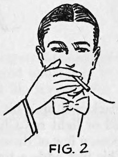 Fig. 2. — A man in a bow tie raises his right hand to his mouth, holding the end of the rope between his fingers as though smoking.