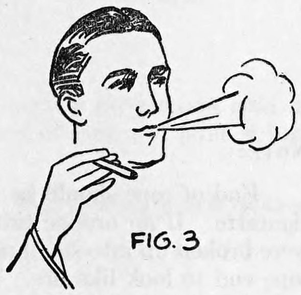 Fig. 3. — A man in profile blowing a cloud of smoke from his lips while holding the rope end like a cigarette in his lowered right hand.