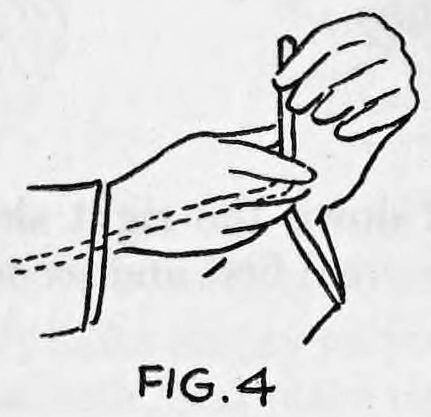 Fig. 4. — The right hand brought down in front of the body while the left hand takes hold of the end of the rope where it emerges from the sleeve.