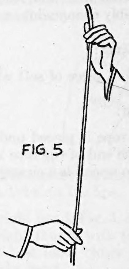 Fig. 5. — The left hand pulls the rope straight upward out of the sleeve, the rope stretched vertically past the right hand held low.