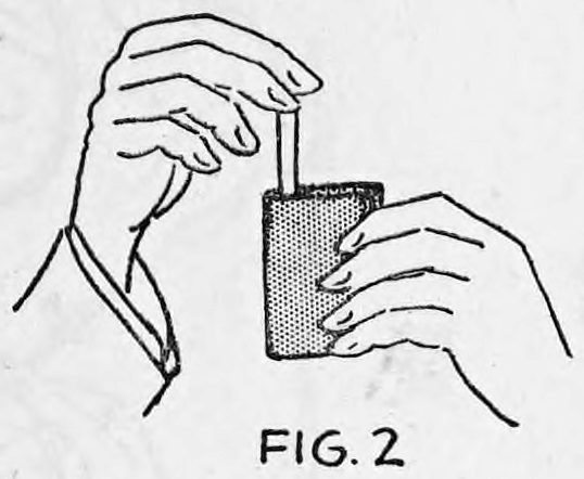 Fig. 2. — The left hand holds the package while the right hand grips the end of the rope and pulls it up just high enough to look like a cigarette.