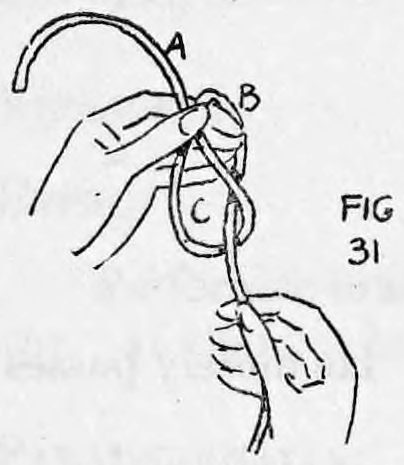 Fig. 31. — A loose single knot has been formed with loop C between the hands, which still hold ends A and B.