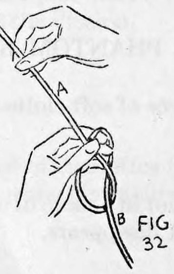 Fig. 32. — The left thumb and fingers cover the crossing of A and B while the right hand pulls up on end A to tighten the knot a little.
