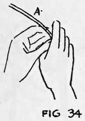 Fig. 34. — The right hand is brought around the knot at end A, the fingers closing about the rope as the hand begins to move downward.