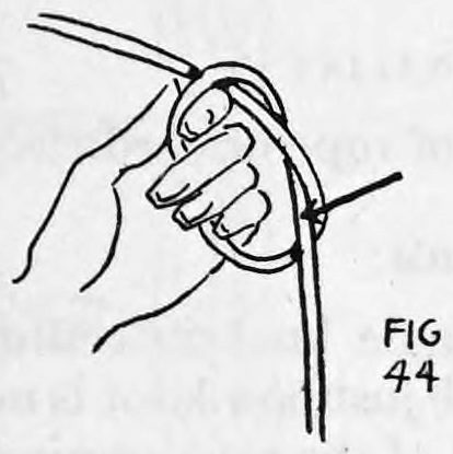 Fig. 44. — The left fingers are inserted in the first knot, held open as a loop, showing the exact position of the knot and where the rope leaves it.