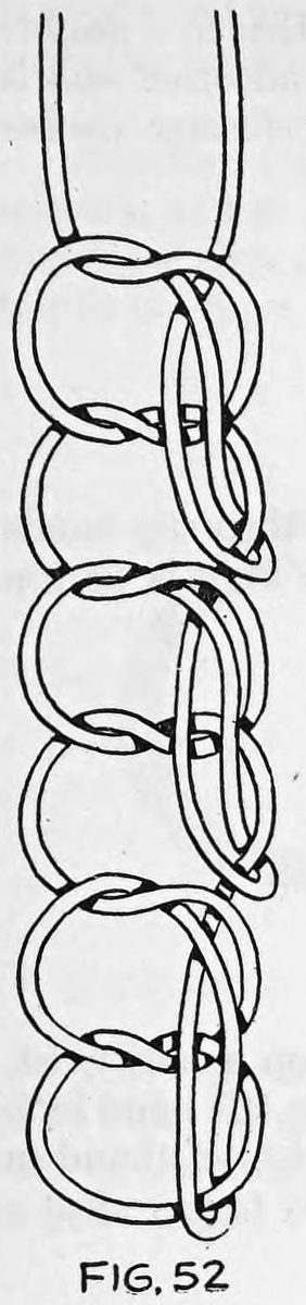 Fig. 52. — A tall chain of three Chefalo knots tied one above another in a rope, the two ends hanging straight up from the top knot.