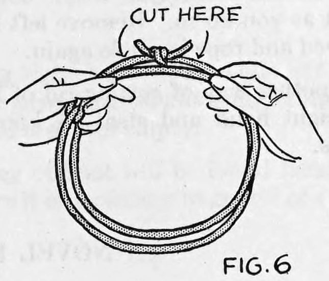 Fig. 6. — The rope held in both hands as the spectator cuts, with the words cut here lettered and pointing to either side of the knot at the top.