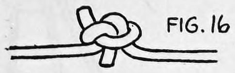 Fig. 16. — A single knot tied in the rope, the clipped ends of the short piece showing beside the long rope.