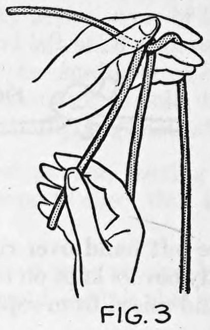 Fig. 3. — The left hand holds the crossed rope with the thumb while the right hand draws the other end down along the hand.