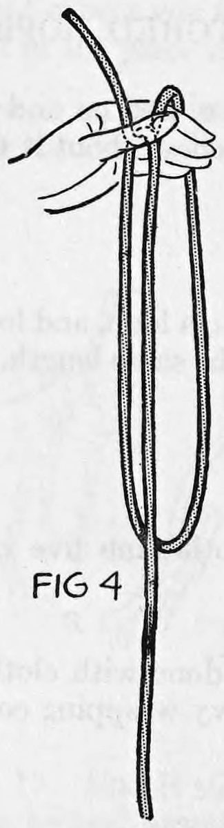 Fig. 4. — The left hand grips the top of a long loop of rope hanging downward, the thumb covering the hidden fake loop at the top.