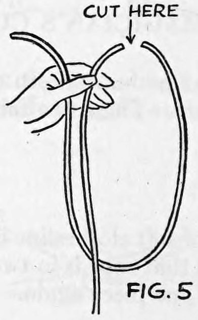 Fig. 5. — A large loop hangs from the left hand, with an arrow marked Cut Here pointing at the top of the loop.