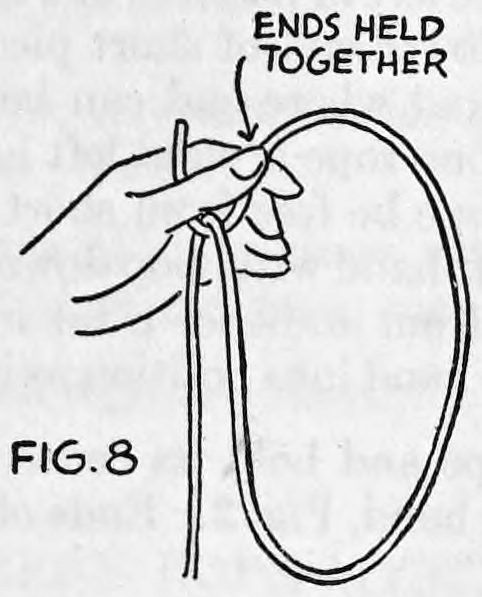 Fig. 8. — A large loop hangs from the left hand, with the lower right end held to the short piece's end between thumb and first finger; a note reads Ends Held Together.