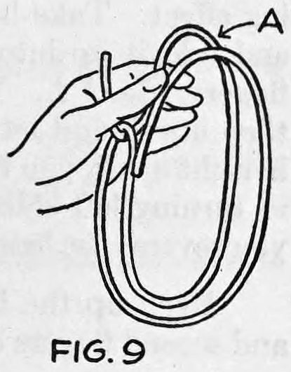 Fig. 9. — The left hand holds the other lower end of the long rope, forming a double loop, with the point A marked at the top.
