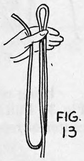 Fig. 13. — The left thumb covers the secret loop at the top of the hand while the visible loop hangs down in front of the palm.