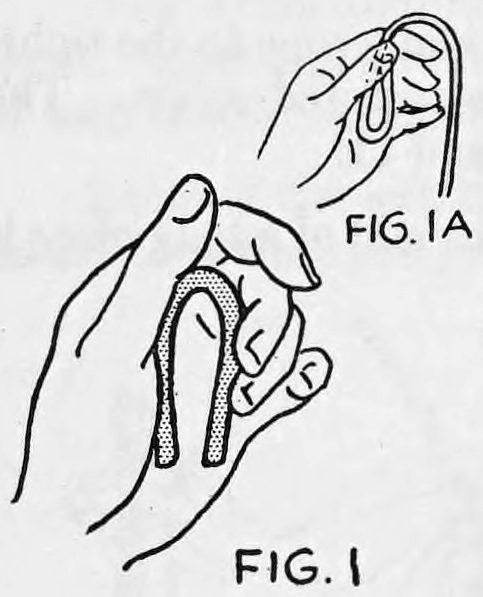Fig. 1-1A. — The left hand holds the folded short piece of rope, its end between thumb and fingers; a smaller inset above, Fig. 1A, shows the end being folded up into the hand.