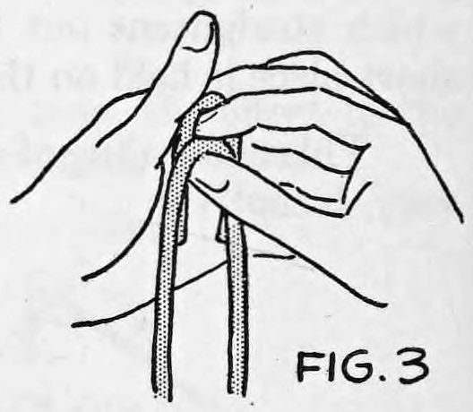 Fig. 3. — The center of the rope is brought over to the left hand and placed on the concealed loop, the left thumb pressing on it.