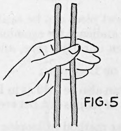 Fig. 5. — The left palm shows the rope and loop to the audience, the two rope ends standing up above the hand ready to be cut.