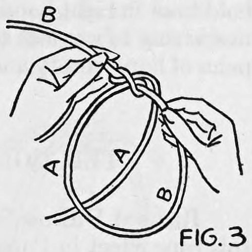 Fig. 3. — The hands hold the rope at the points marked B on each side of the knot, pulling it taut so the knot becomes a slipknot, with the sides lettered A and B.